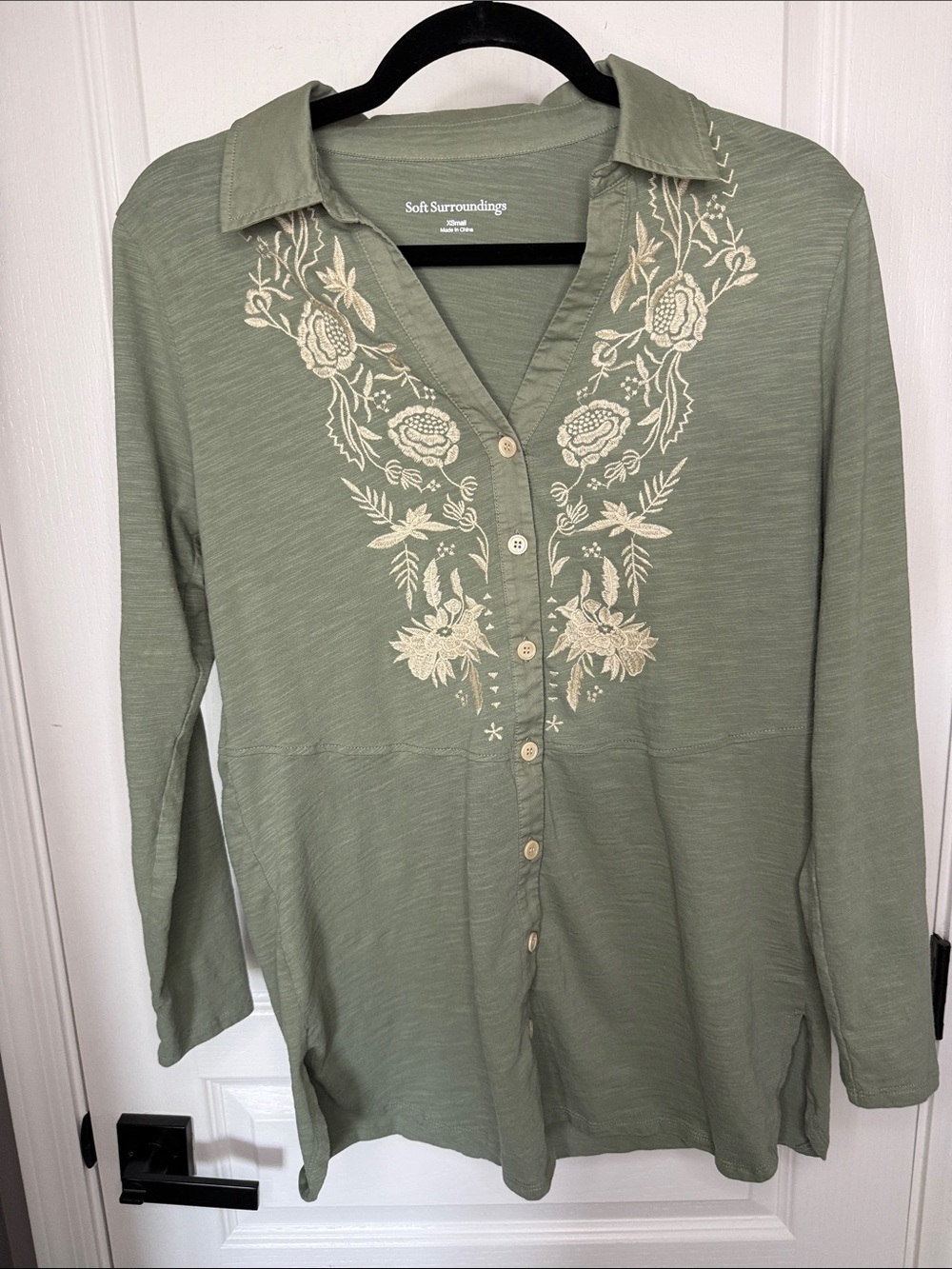 Soft Surroundings Sage Green Embroidered Button-Down Tunic Top